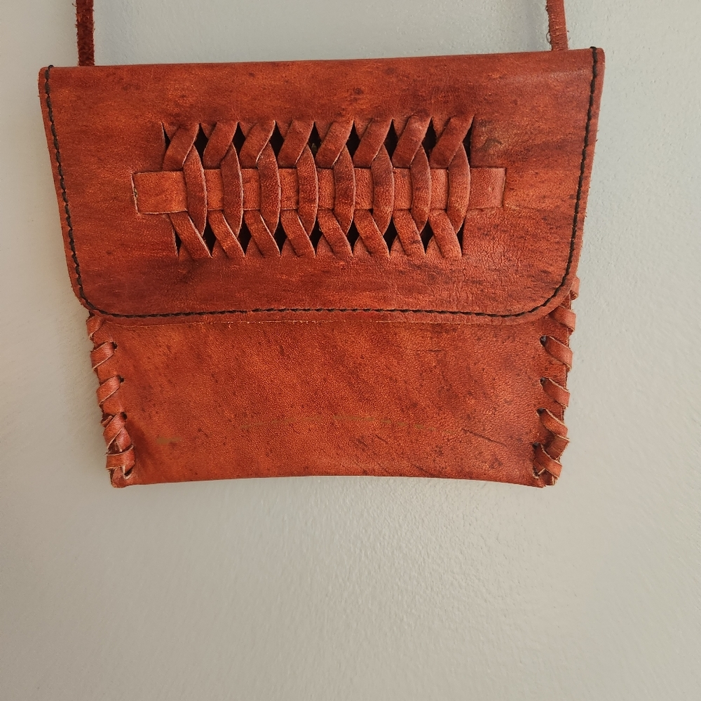 Vintage Whipstitch Leather Flap Crossbody Rust Brown Purse Pouch Mini